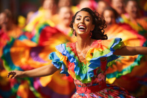 Hispanic dancers performing a traditional folk dance, their colorful outfits