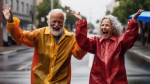Seniors in the rain laughing 