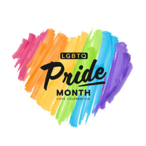 Texto de pancarta del mes del orgullo LGBTQ sobre el colorido arco iris Corazón Diseño vectorial estilo pincel de pintura