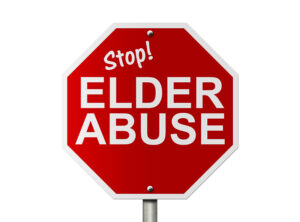 Una señal de tráfico americana y las palabras Stop Elder Abuse aisladas sobre blanco, Señal Stop Elder Abuse