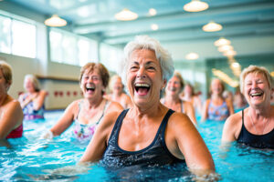 Group of mature women doing gymnastics in the gym pool